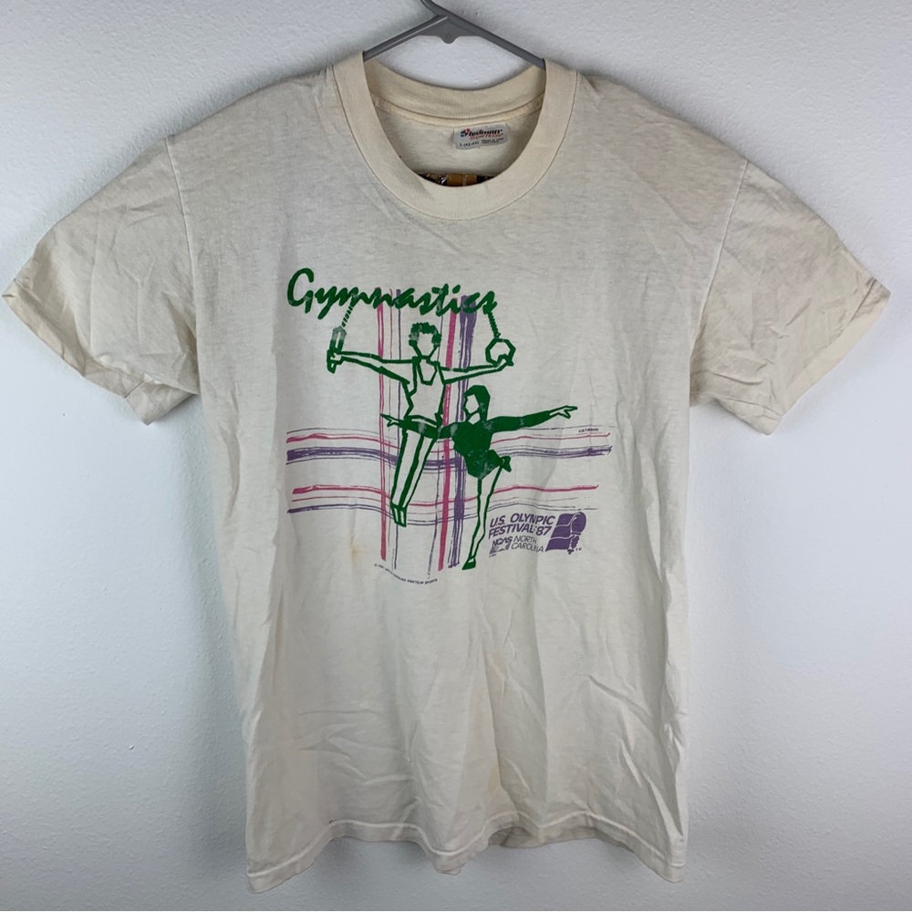 Vintage 1987 Gymnastics Shirt Short Sleeve Single Stitch Beige Adult Large USA